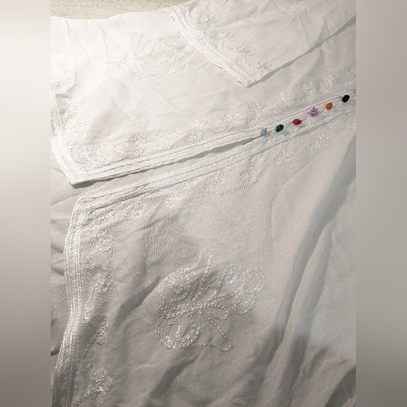 White Sheer Silky Embroidered Rainbow Pom Pom Buttoned V-Neck Tunic Blouse - Picture 6 of 9